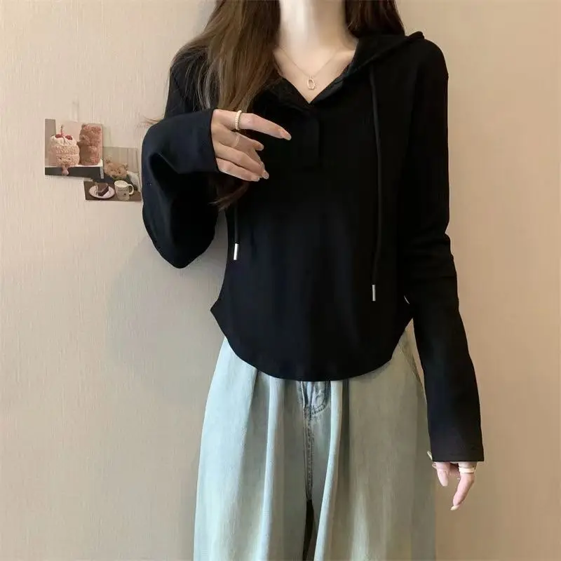 2023 Women\'s Autumn and Winter Fashion Casual Hooded Solid Drawstring Button Long Sleeve Female Clothing Elegant Solid Tops