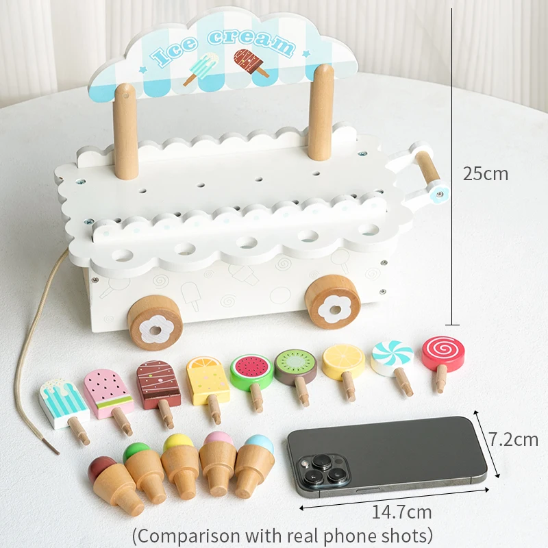 لعبة محاكاة لعربة الآيس كريم، لعبة ألغاز خشبية كلاسيكية، مجموعة بيع الآيس كريم، هدية للأطفال