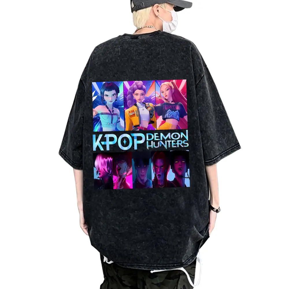 

Washed Vintage Cartoon Movie KPop Demon Hunters Saja Boys Rumi Mira Zoey Graphic T-shirt Men Women Fashion Casual Cotton T Shirt