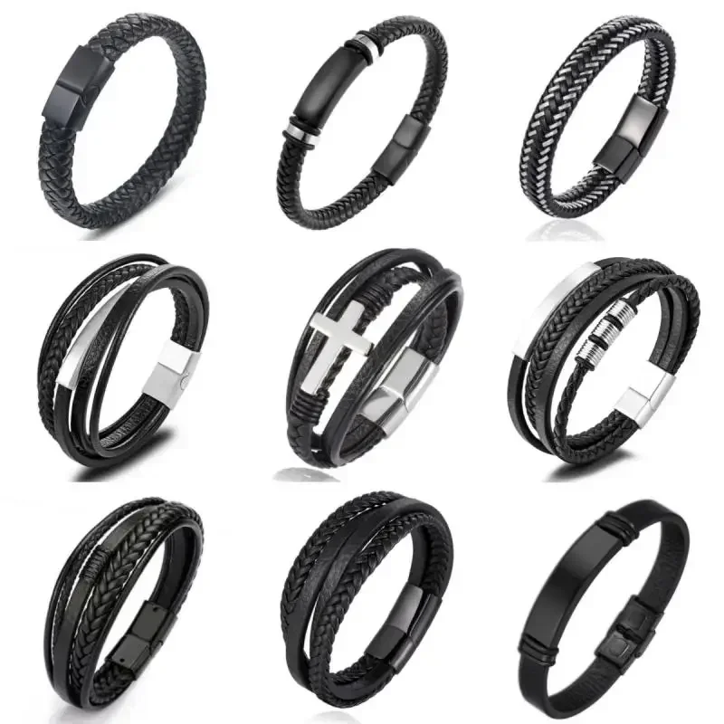 Minimalist Black Braided Leather Wrap Bracelet Men\\'s Infinity Bracelet Metal Magnetic Buckle Bracelet Birthday Gift