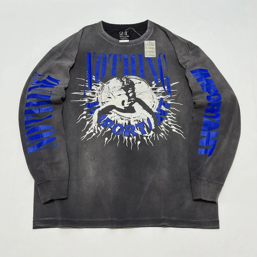 

2025ss SAINT Nothing Important Retro Ripped T shirts Women Men Long Sleeve Vintage Oversized Men Cotton T shirt