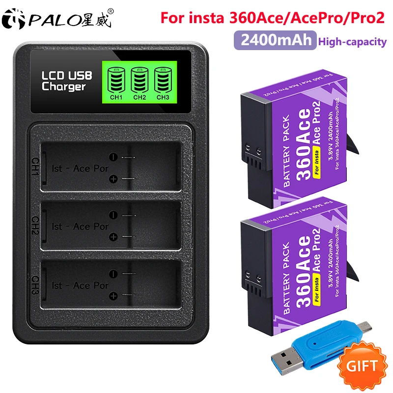 2400mAh For Insta360 Ace Pro Ace Pro 2 Battery + LED 3-Slots Charger For Insta 360 Ace Pro Pro2 Action Camera Battery Accessorie