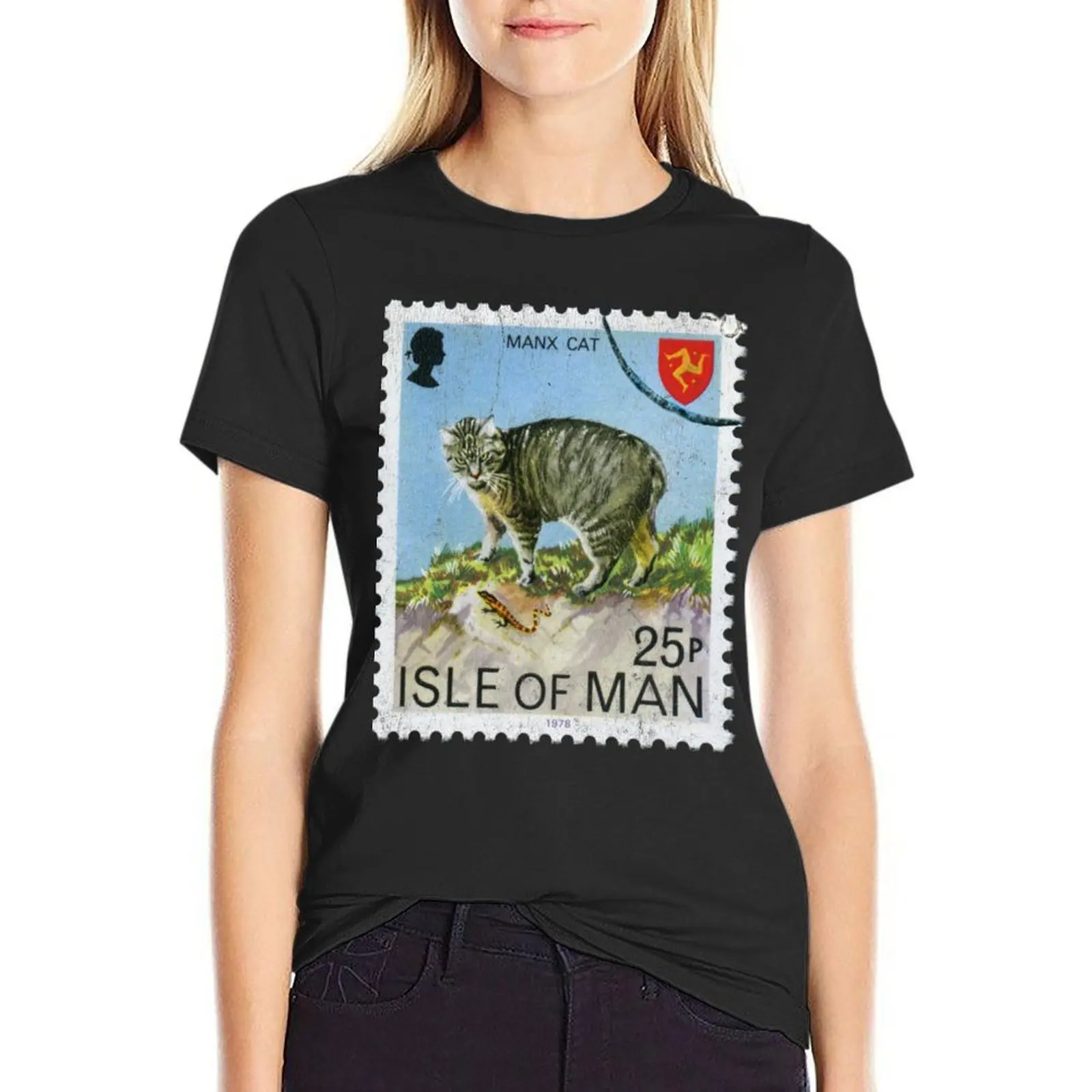 

Manx Cat Isle Of Man Postage Stamp Blue T-Shirt cute tops Aesthetic clothing summer tops oversized Women's tops