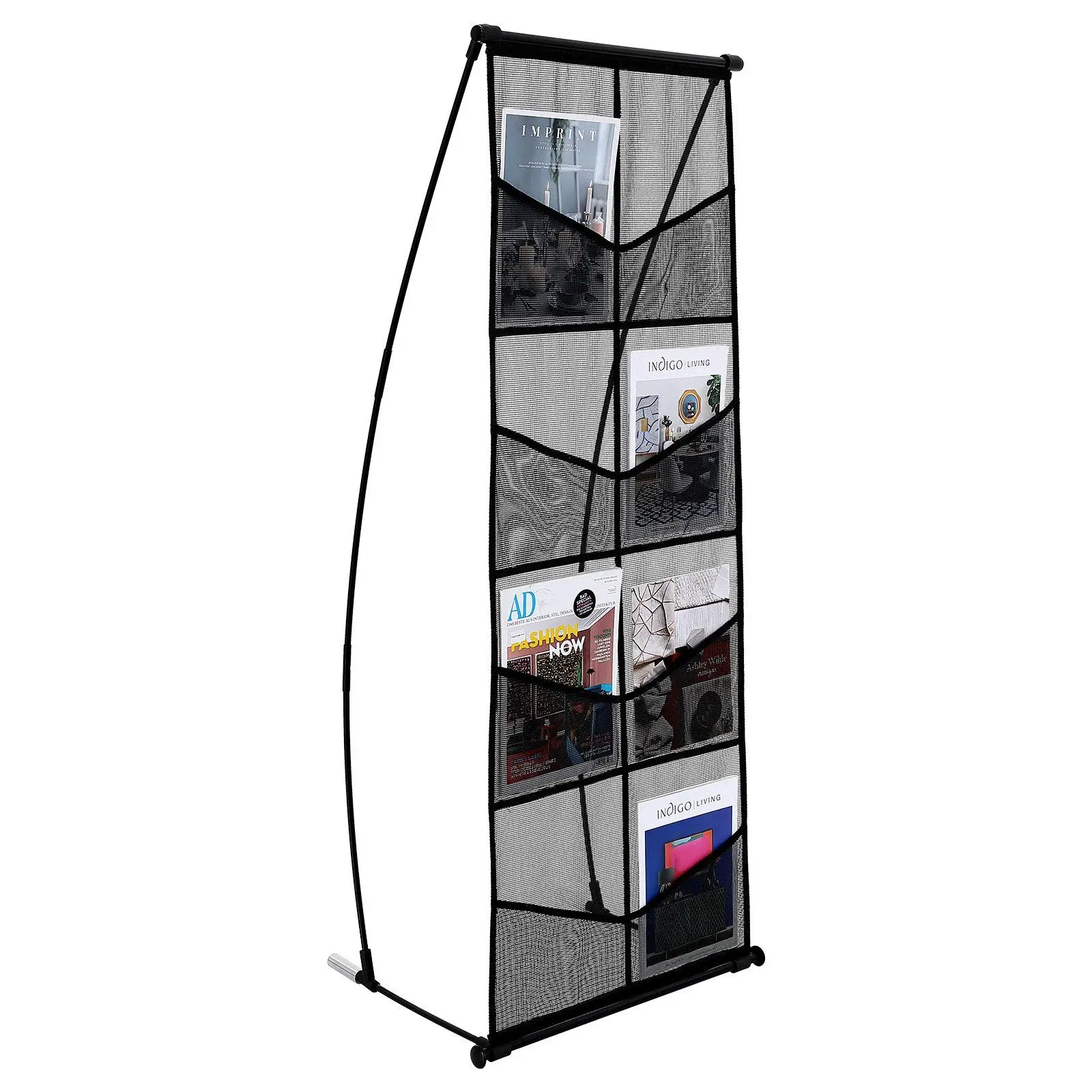 Brochure Display Stand, 4-Tier 8 Pockets Mesh Literature Display Holder, Floor Standing Magazine Newspaper Catalog Rack, Lightwe