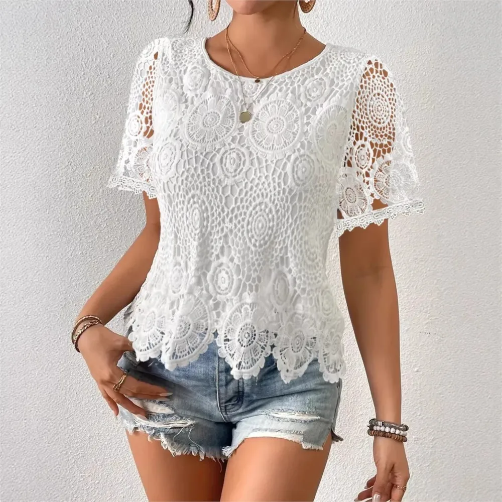 

Модная женская майка с кружевной отделкой и коротким рукавом, летняя новинка, повседневная, с открытым дизайном, универсальная для различных случаев, для отпуска, 2026