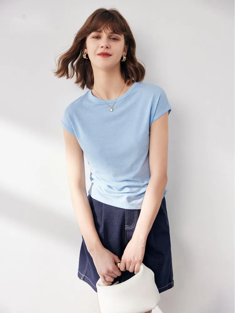 

Summer Mulberry Silk Wool T-shirt Women Side Folds Short Sleeve Slim Waist Soft Knit Tops