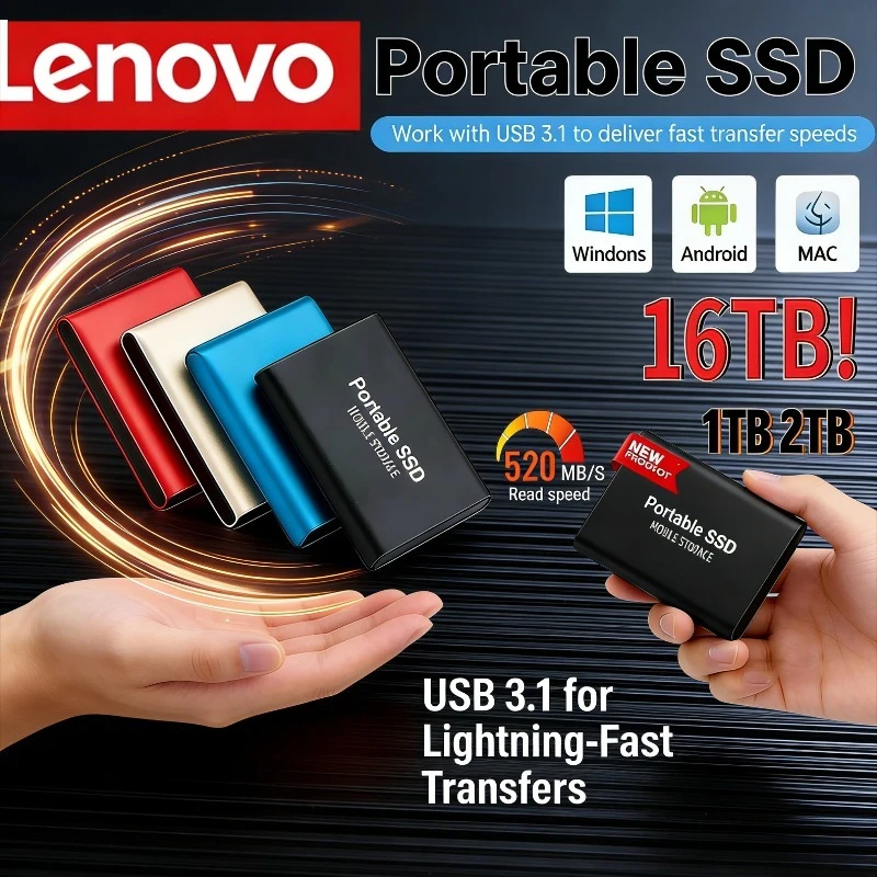 

Внешний твердотельный накопитель Lenovo 2026, портативный USB3.1 SSD 128 ГБ, 256 ГБ, 1 ТБ, 2 ТБ для ноутбуков, Mac, ПК и мобильных устройств