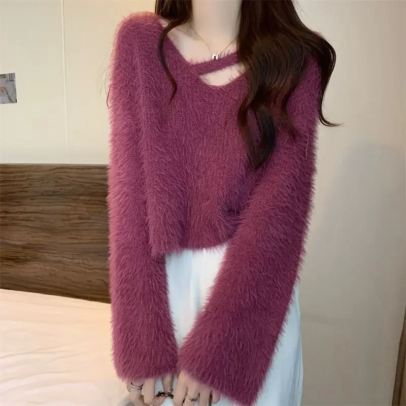 

Autumn Winter Casual Pullover Women's Girl Solid Knitted Long Sleeve Pullover Sweater Imitation Mink Bandage Sexy F47