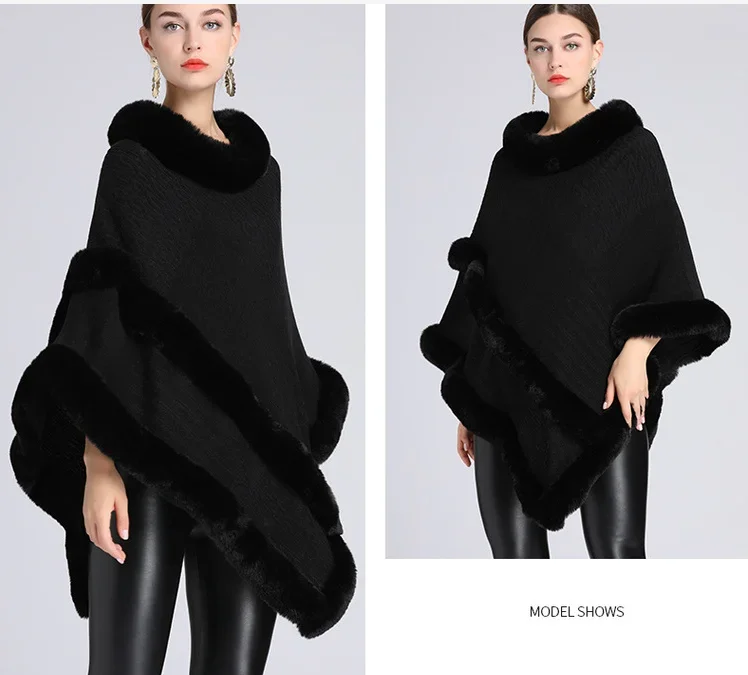 Autumn winter new imitation otter rabbit fur collar Capes Pullover Women Knit Poncho Lady Capes Beige Cloak