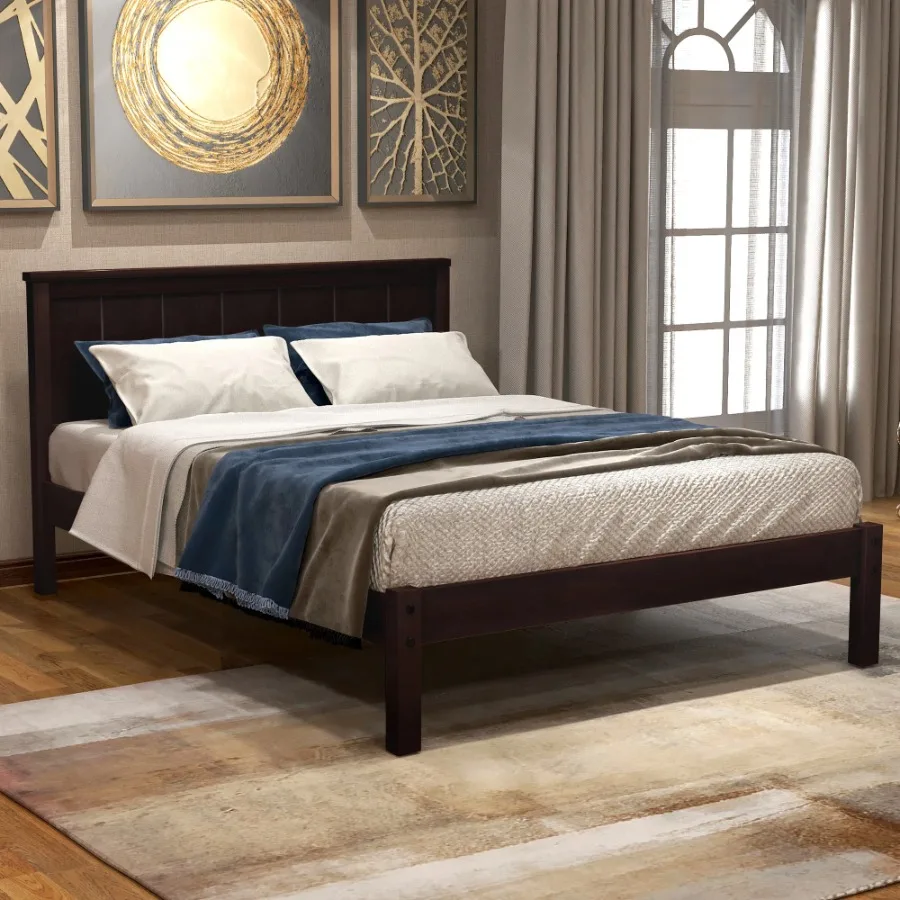 Espresso Twin Platform Bed Frame with Classy Headboard Wood Slat Support No Box Spring Needed