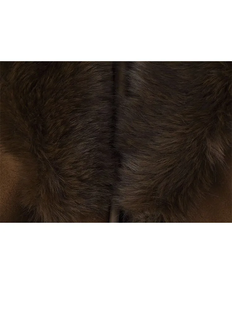 

HH Women Winter New Fashion Versatile Fur Collar Hooded Woolen Jacket Female Retro Waist Tie Pockets Decoration Warm Short Coat