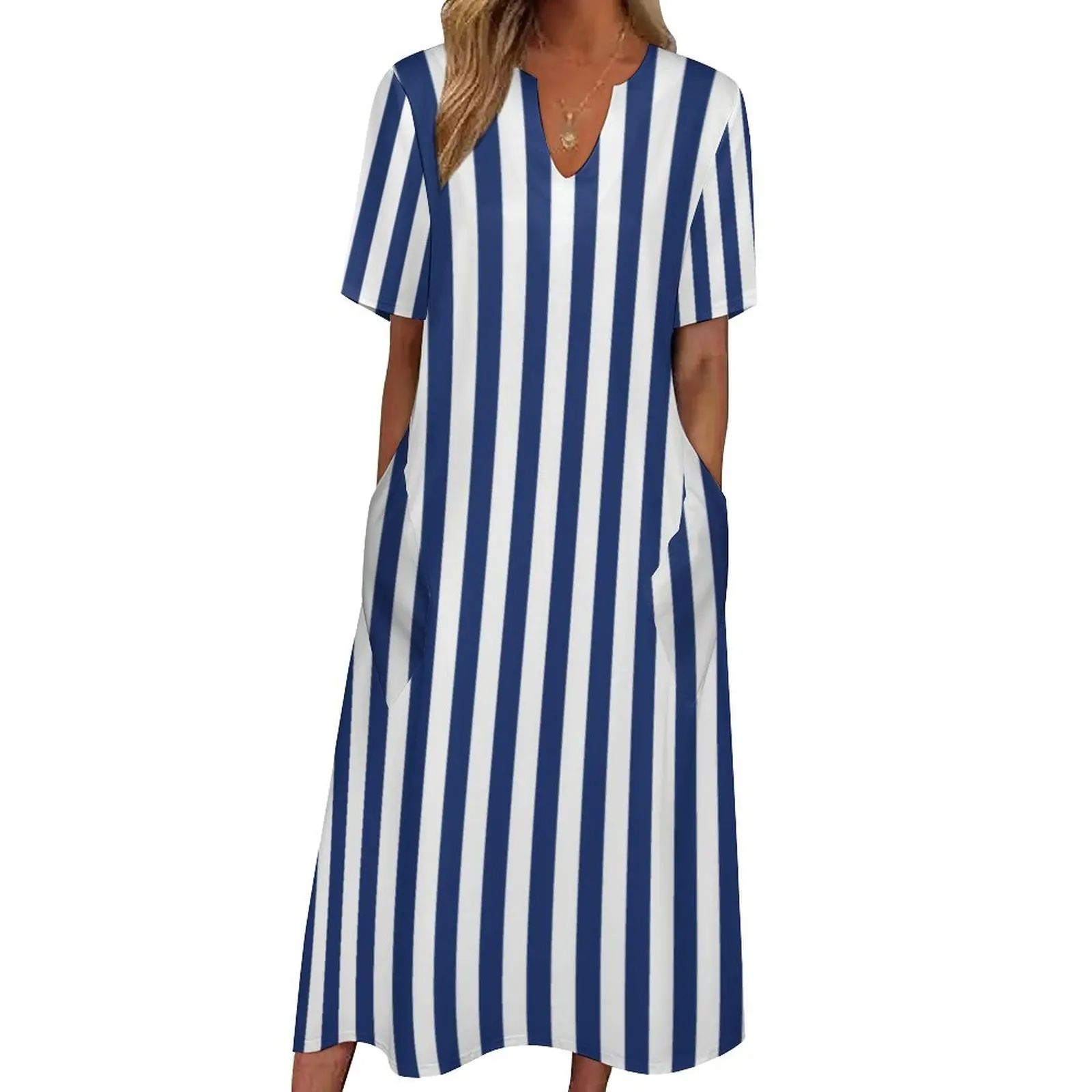 Classic Stripes Dress Navy Lines Print Cute Maxi Dress Street Style Boho Beach Long Dresses Women V Neck Design Oversize Clothes