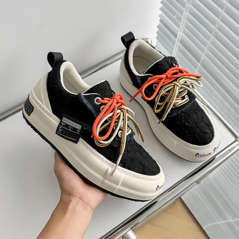 

CoupleThick Sole Canvas Skate Man Shoes Casual New Fashion Comfortable Rubber Bottom Adult Leather Patchwork woman Sneakers