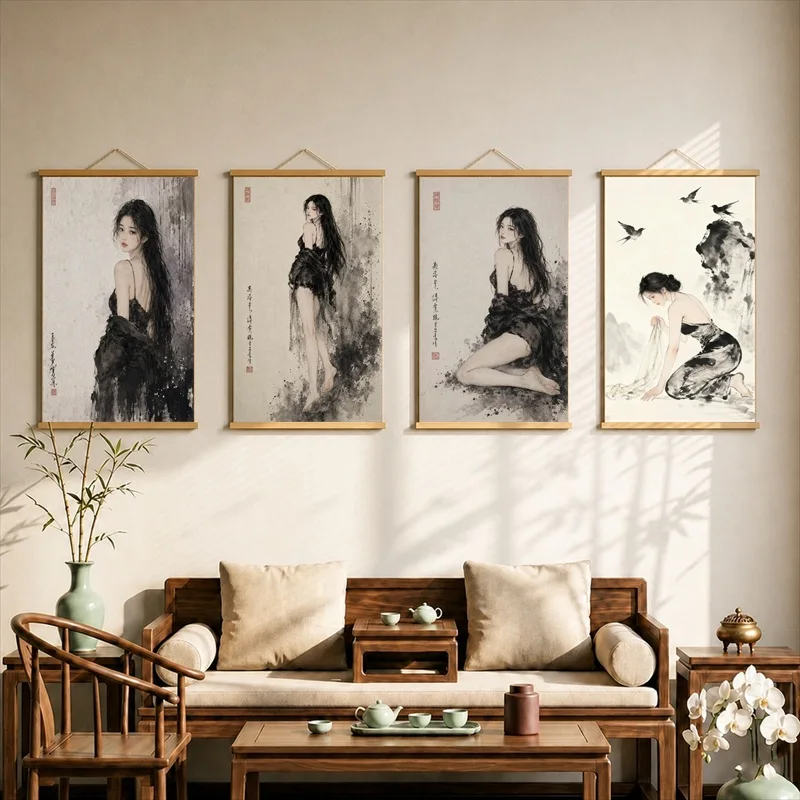 Elegant Chinese Ink Beauty Canvas Wall Art Hanging Scroll Classical Woman Portrait Print with Wooden Rods for Home Decor