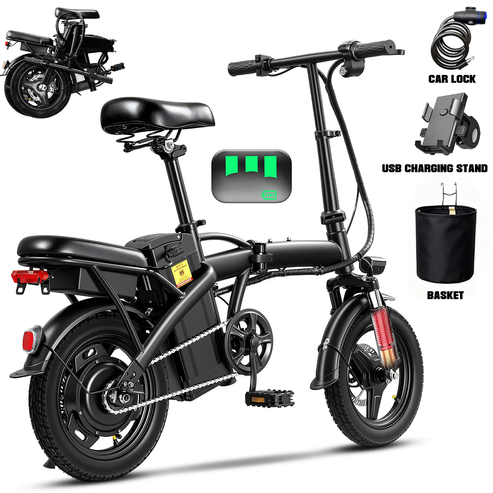 Adult Electric Bike,560W Motor,20MPH,48V Removable Battery,14inch Folding Electric Bike,Maximum 32 Miles,1Year Warranty Ebike