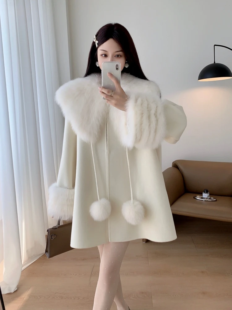 Autumn and Winter 2023 New Fox Fur Collar Cape Double-Faced Woolen Goods Cashmere Coat Women's Fur Coat Young