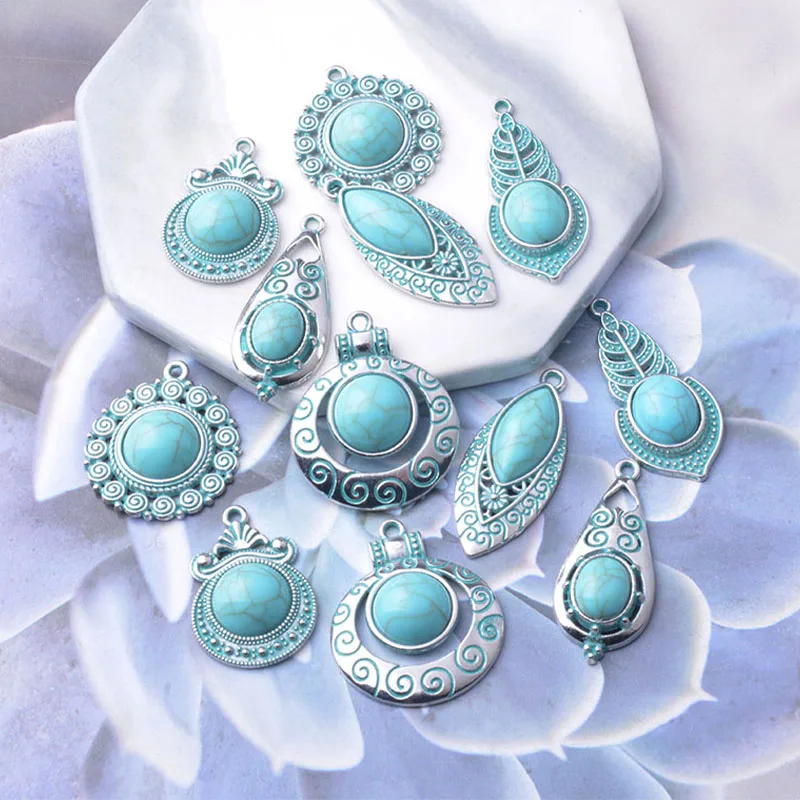 

12pcs Bohemia Zinc Alloy Silvery green charms Acrylic Turquoise color Earrings Necklace Pendant DIY Women's Jewelry Making