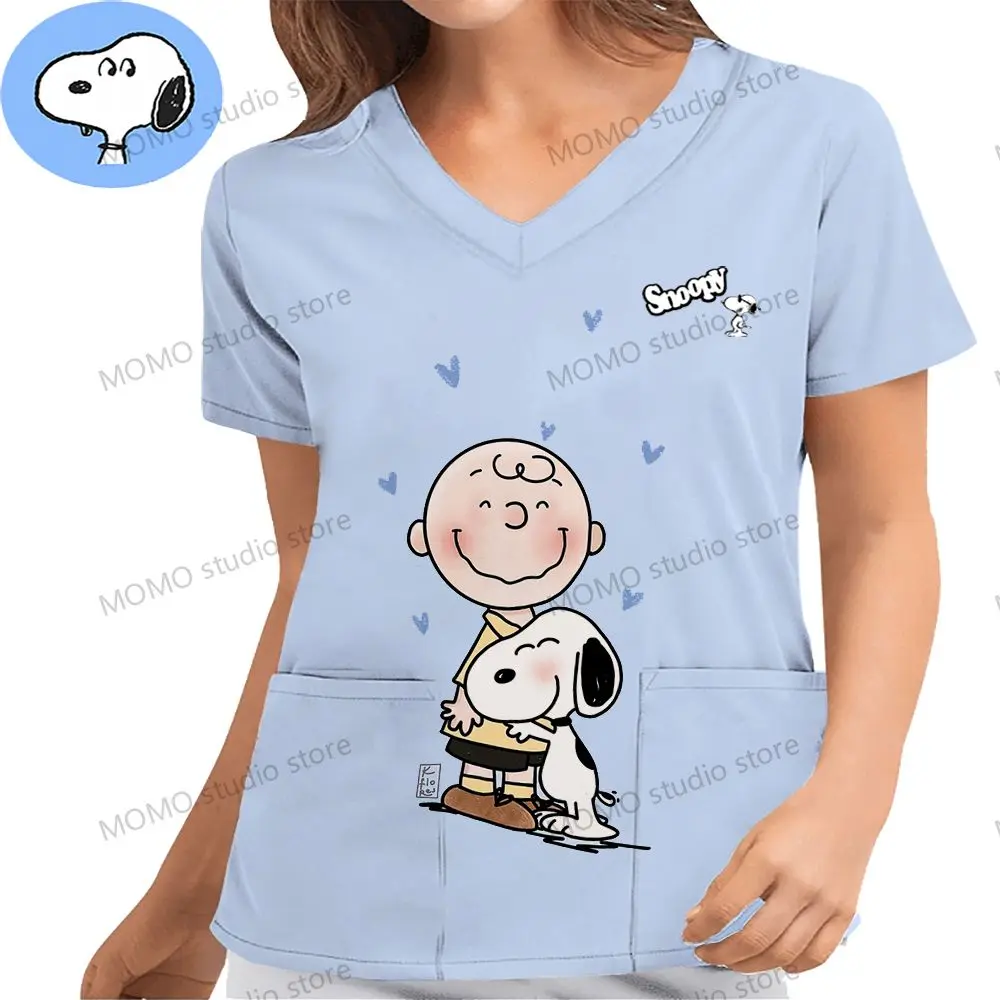 Snoopy Shirts Pocket Cute Women's V Neck Nurse Uniform T-Shirt Y2k Clothes Hospital Cheap Top S-2XL Tops for Women Short Sleeve