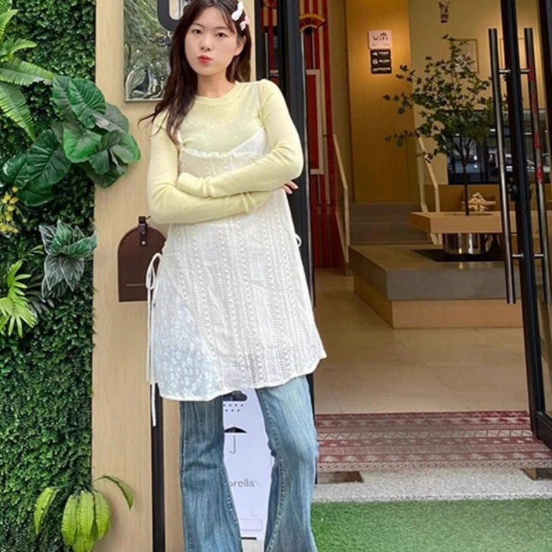 White Lace Suspender Dress 2025 Early Spring Japanese Short Gauze Skirt Seaside Holiday Bottoming Skirt Top