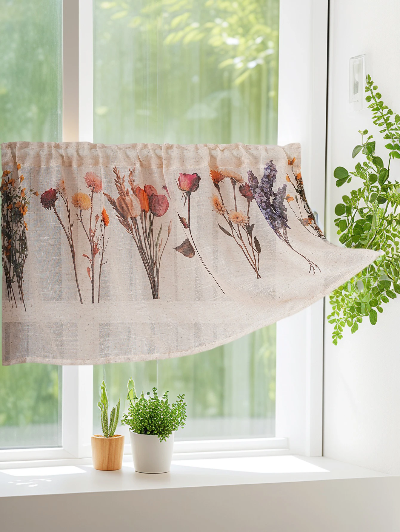 Japanese Style Short Curtain Panels Linen Floral Print Solid Color Living Room Bedroom Window Decorative Mini Drapes
