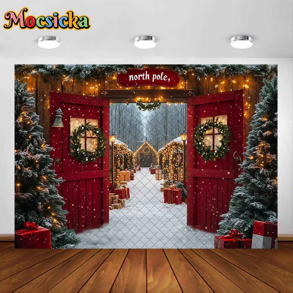 Mocsicka Photography Backdrop Red Door Wreath Christmas Park Decoration Kid Xmas New Year Portrait Backgrounds For Photographs