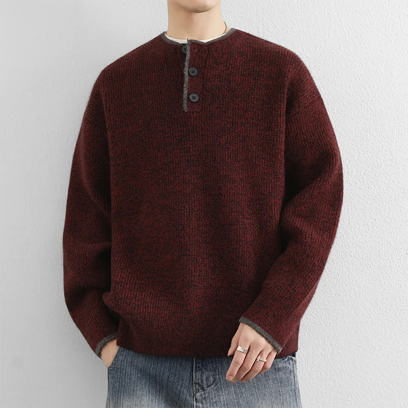 

Утепленный мужской трикотажный джемпер с круглым вырезом, осенне-зимний, теплый, в американском повседневном стиле, ретро, с воротником хенли, базовый слой, вязаная кофта