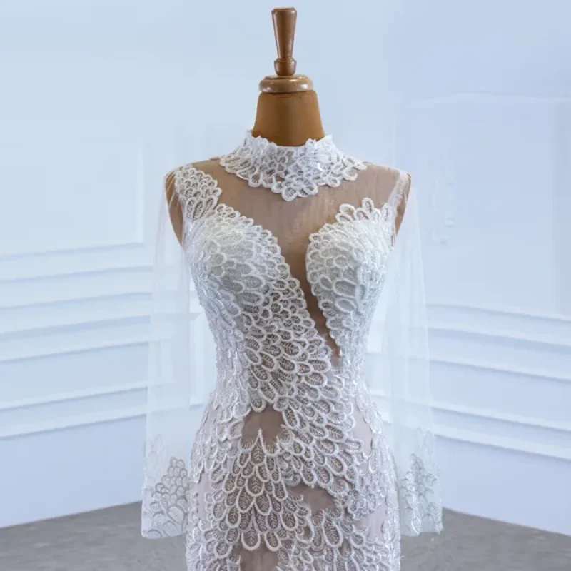 Customized 2025 White Fishtail Wedding Dress High Neck Transparent Mesh Long Sleeves White Lace Back Strap Elegant And Noble