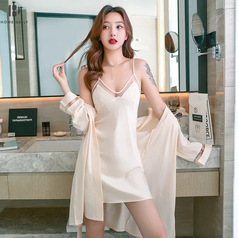 

Silk pajamas women's nightcloth satin high-end sexy suspenders nightdress with chest pads two-piece home wear sleepwear