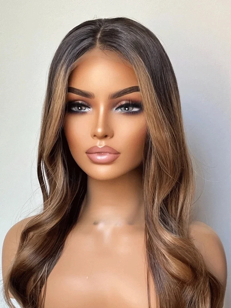Heat Safe Synthetic Lace Front Wig With Black Roots and Bronzy Blonde Highlights 24 Inches Bouncy Wavy Wig For Women Realistic
