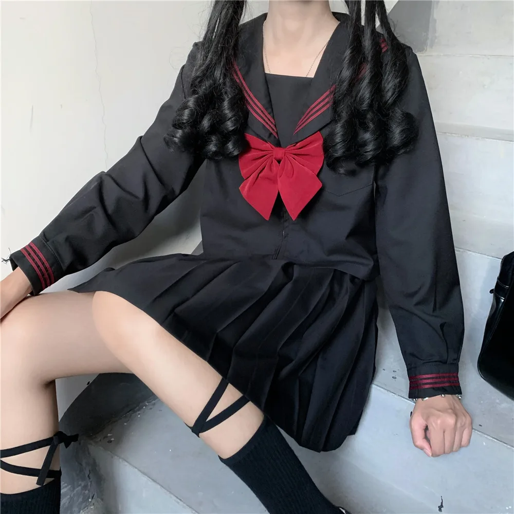 Uniforme scolaire d'étudiant japonais et coréen de style collège orthodoxe noir, uniforme JK pour filles, jupes supérieures de classe trempées de marin Anime Cosplay