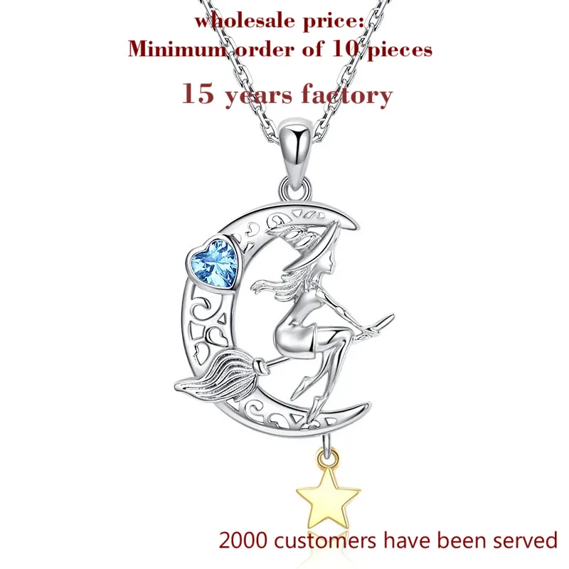 New 925 Sterling Silver Beautiful Witch Pendant Chain Zircon Moon Star Necklace for Women Fashion Halloween Jewelry Free Ship