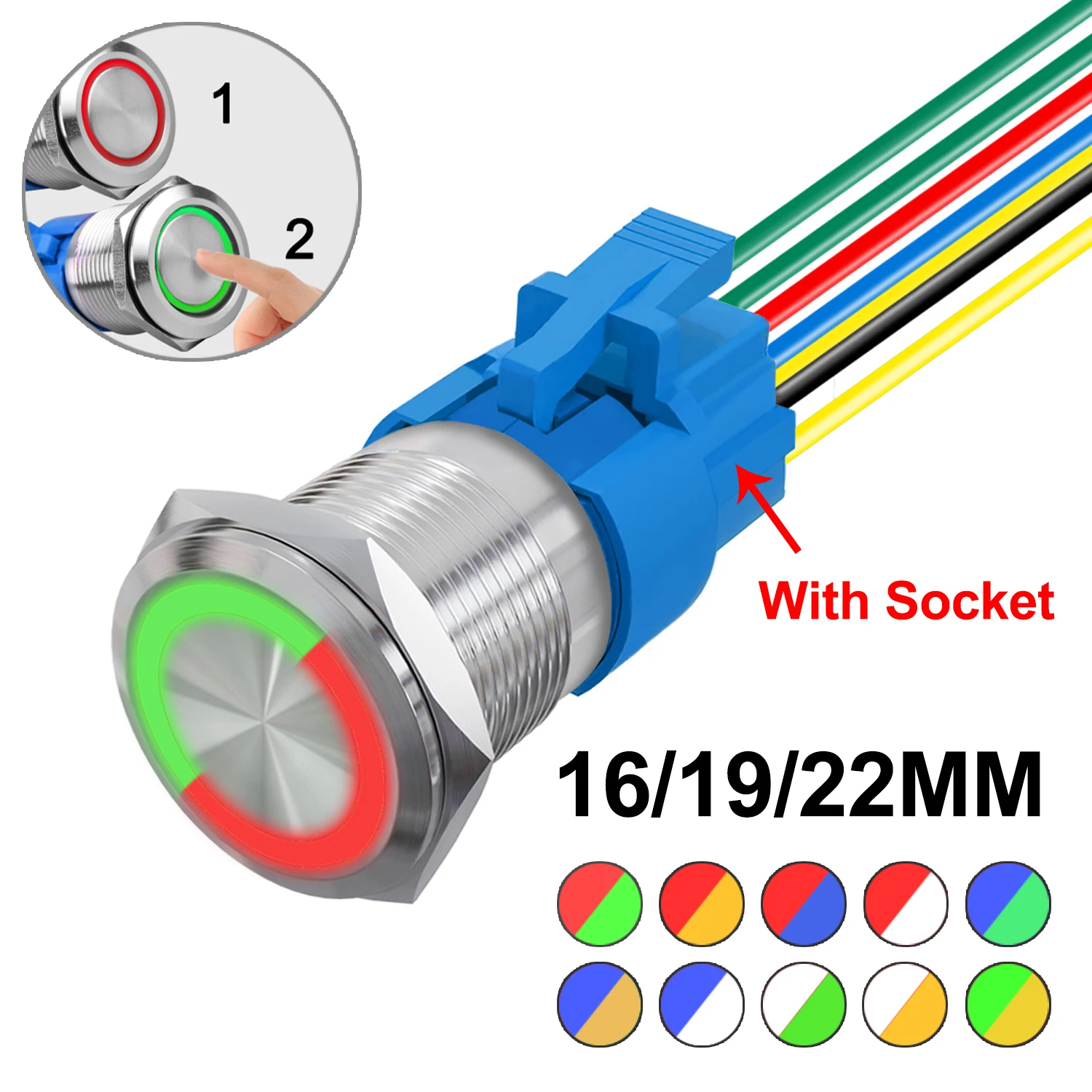 16/19/22mm Bicolor LED Metal Push Button Switch Waterproof Car Boat 7Pin Momentary Self-reset Fixed Self-locking 6V 12V 24V 220V