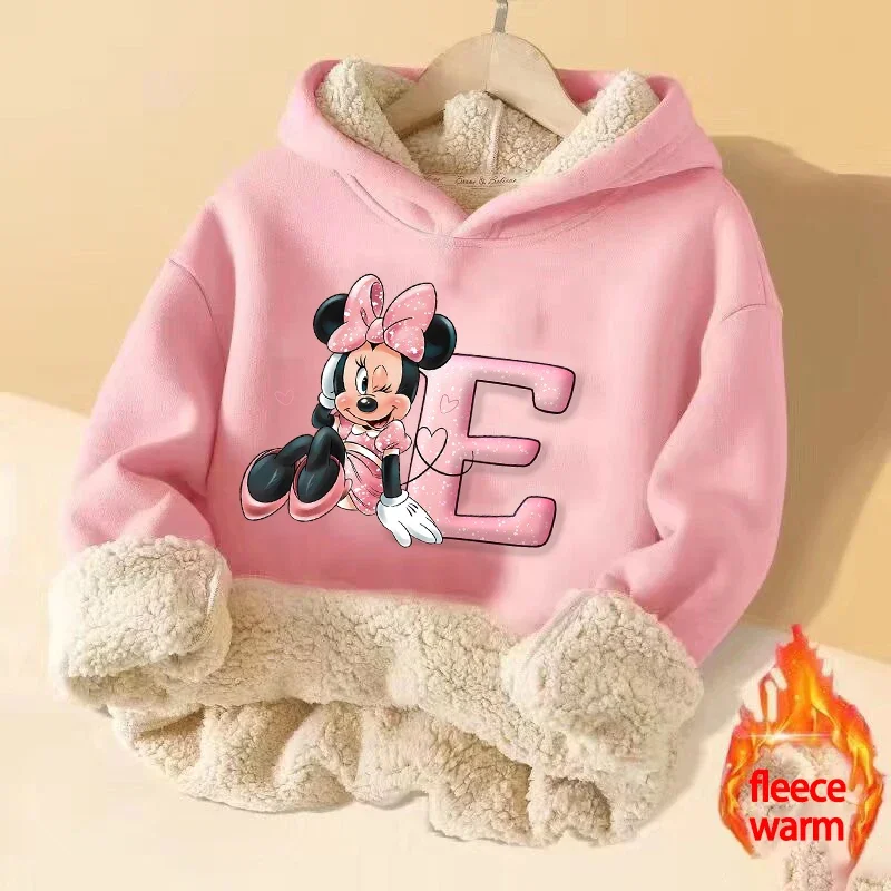 Minnie Mouse Girl Pullover Hoodies Letter A-Z Winter Thick Warm Street Clothing Hoodie Print Fitted Sweatshirt Long Sleeves Tops