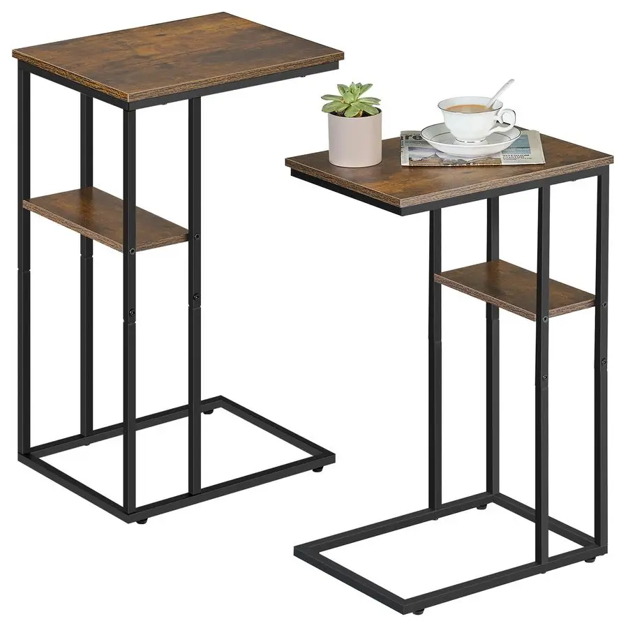 

Shaped End Table Set of 2, Rustic Wood and Metal Frame C Table, Double Layer Side Tables for Living Room, Bedroom, Small Spaces