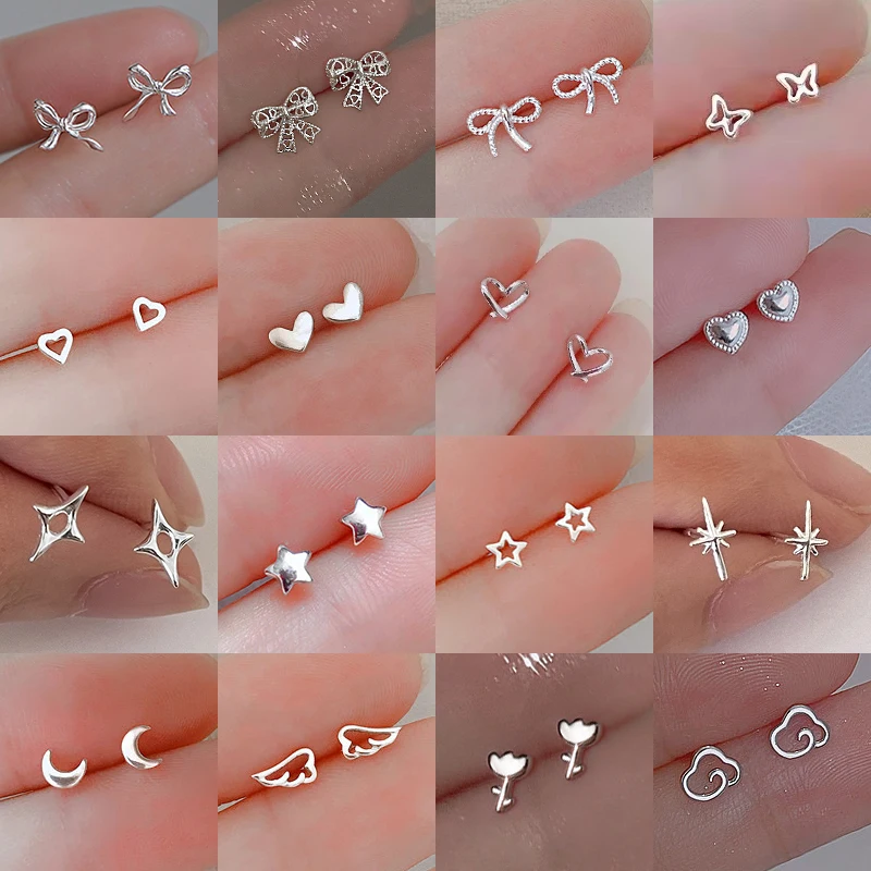 925 Silver Needles Silver Color Mini Star Heart Butterfly Stud Earrings for Women Hypoallergenic Daily Wear Ear Girls Pierc Gift