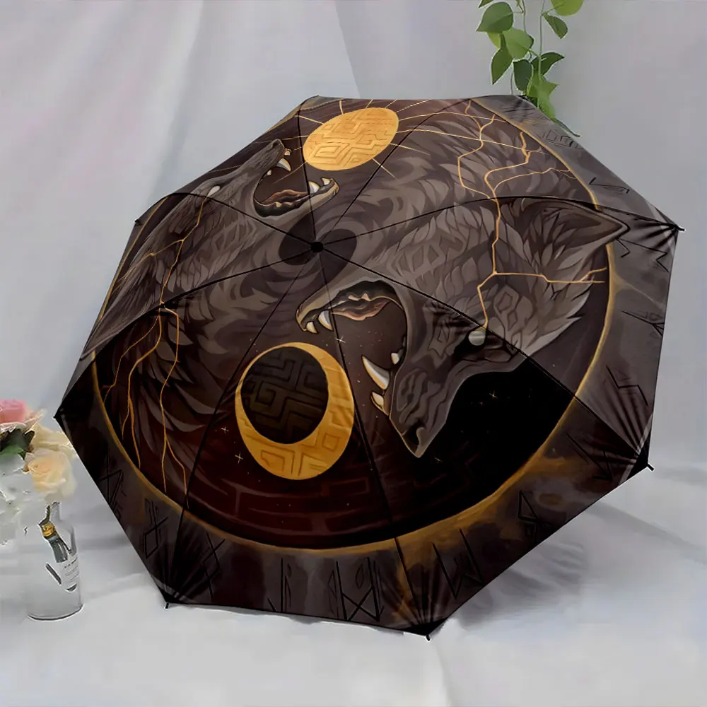 1PC **Stylish Umbrella with Wolf and Moon Design** Print 8 Iron Ribs Folding Umbrella Auto-Open Fashion Sunshade