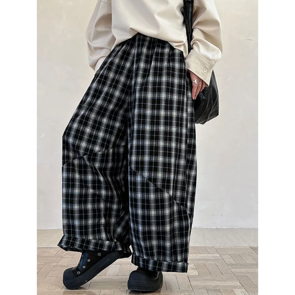 SuperAen 2024 Autumn Fashion Checkered Casual Pants Women's New High Waist Wide Leg Pants