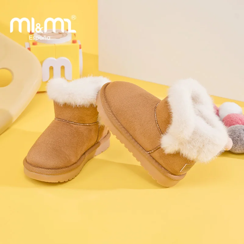 

M1&M2 2025 New Classic Kids Winter Snow Boots Thickened Warm Genuine Leather One-Piece Lambskin Lined Boots Thick Plush 26-33