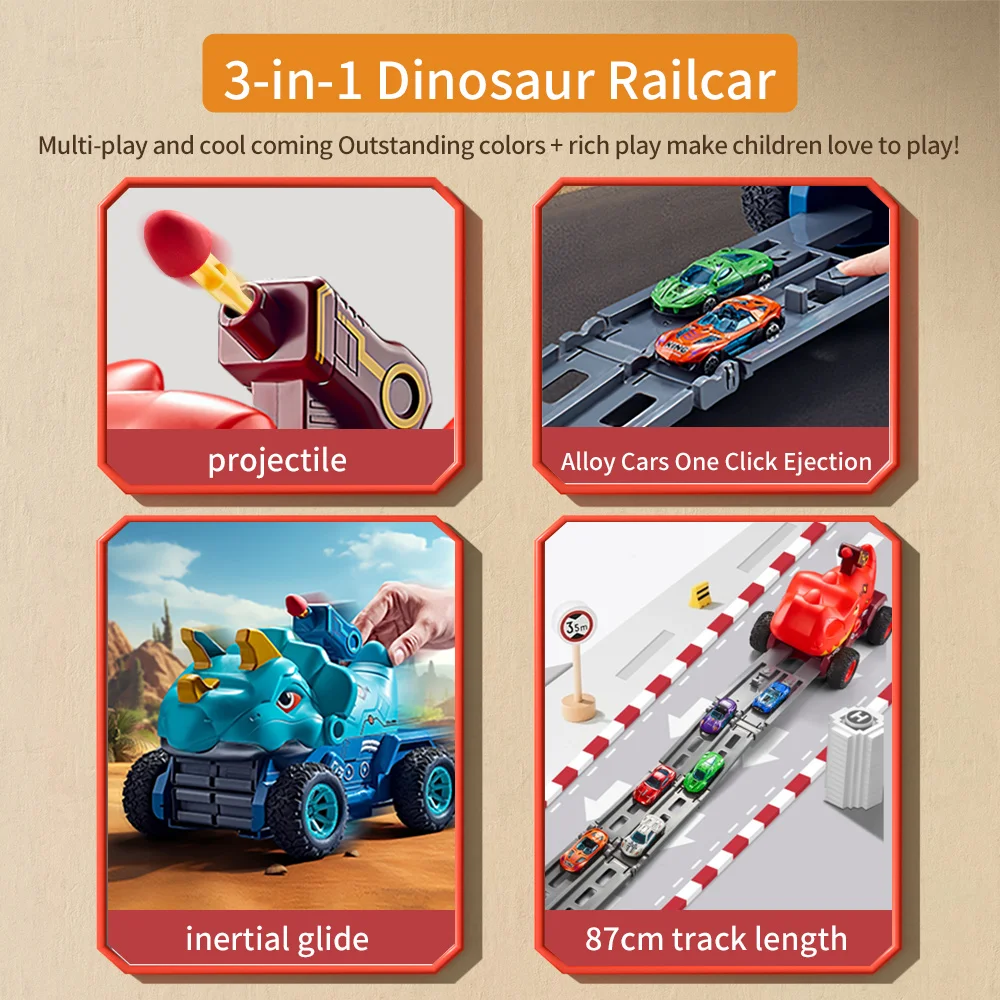 Add T-Rex dinosaur ejection car deformation rail car Children\'s alloy car Boy toy car Birthday gift Christmas gift Parent-child