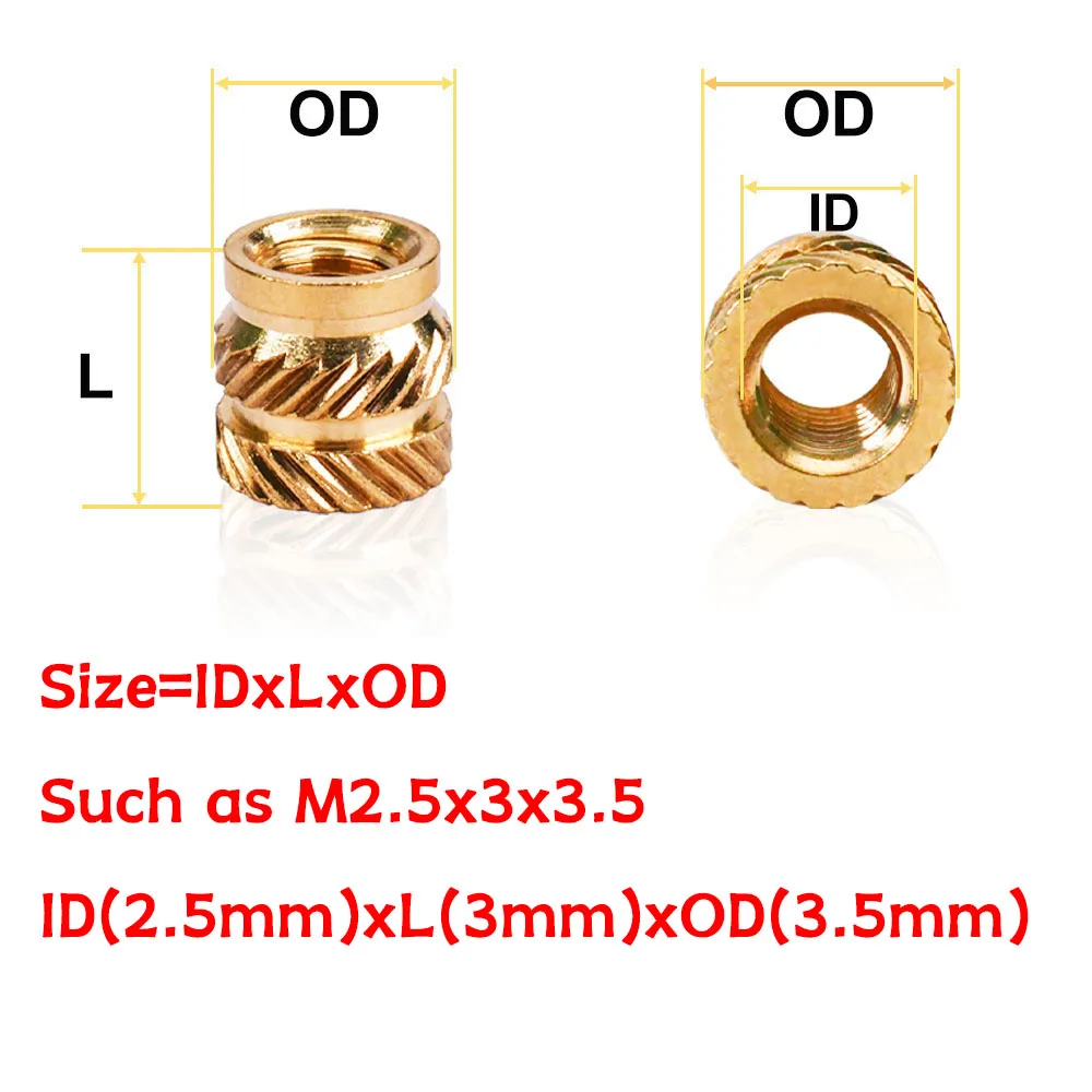 M2.5 Brass Heat Insert Nut Knurled Hot Melt Threaded Inserts Metric Embedded Nuts for 3D Printing Plastic Injection Molding