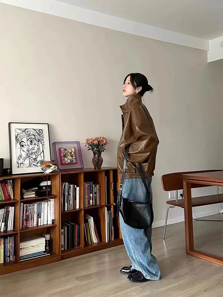 Imagem -04 - das Women Brown Leather Jacket Retro Loose Temperament Chic Clothing Novidades Autumn Winter 2023