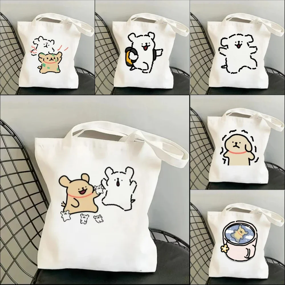 1pc Kawaii White Stick Figure Puppy Canvas Tote Bag Reusable Eco Friendly Shopper Bag Women Spacious Commute Purse Daily Use