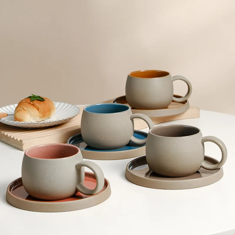 Retro Coarse Pottery Mug and Saucer Combination Japanese Coffee Cup Set Nordic Afternoon Tea Breakfast Cup Latte Coffee Mug