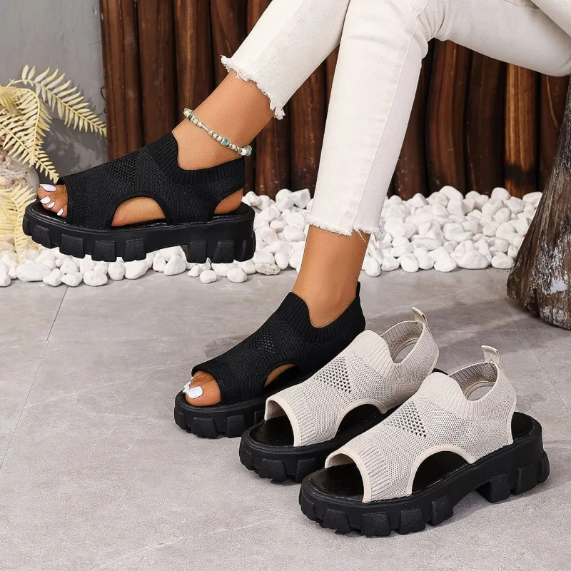 

Women's Sandals 2024 Summer New Platform Sandals Knitted Fish-mouth Shoes High Heels Flying Weave Slope Heel Thick Sole Sports