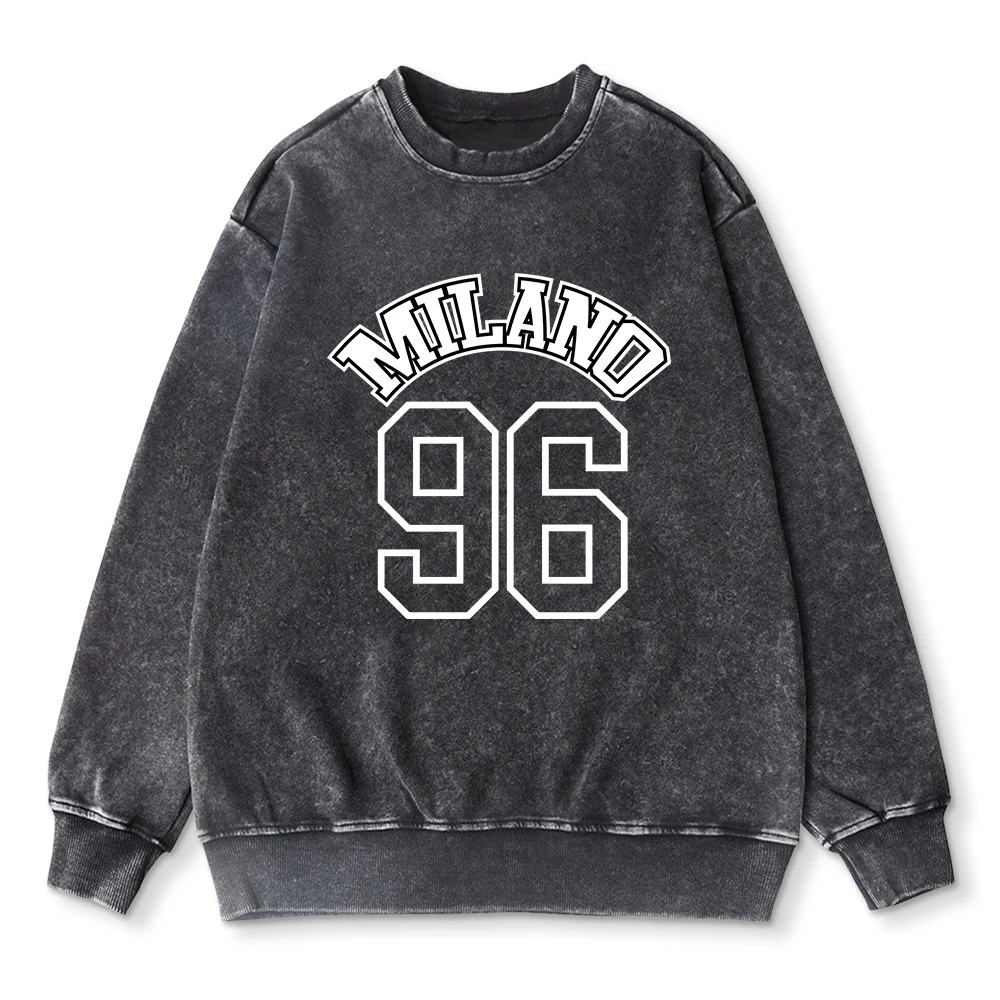 Fashion Woman Washed Sweatshirt Miland 96 Letter Printing Pullover Oversize Cotton Street Hoodie Casual Female Acid Wash Clothes