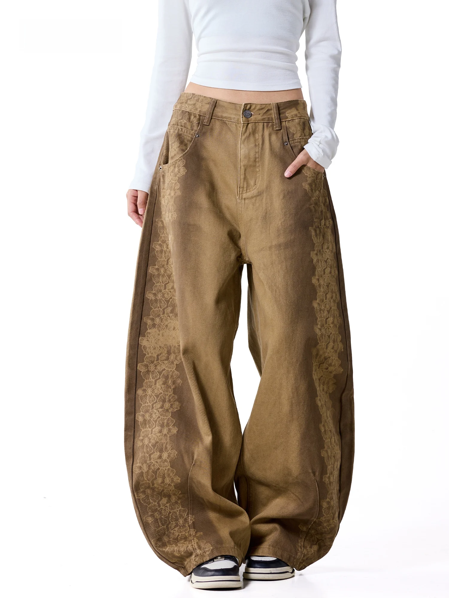 Khaki Curved Blade Denim Pants Women's Autumn New Pure Cotton Retro Lace Print Wide Leg Long Trousers Comfortable Breathable