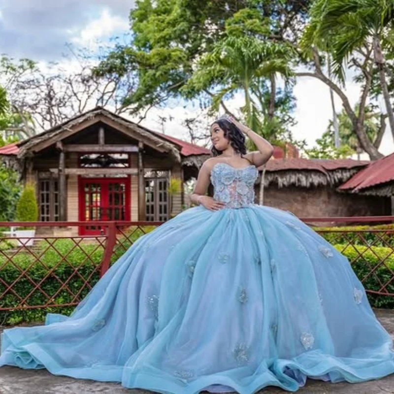 

Customized Shiny blue Quinceanera Dresses Off the Shoulder sequin applique Tull Long tail Bow Vestido 15 Quinceanera