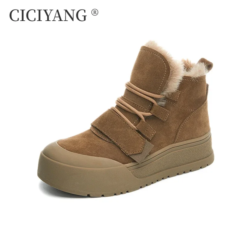 CICIYANG Women's Winter Boots 2024 New Genuine Leather Women's Sneakers Ankle Boots Fur Lace-Up Snow Boots Women