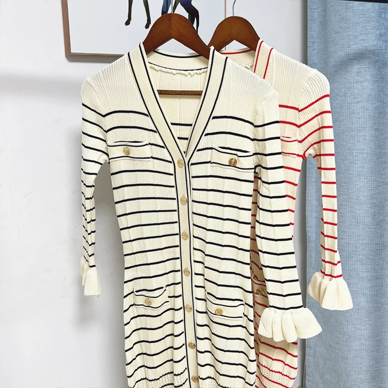 YuooMuoo Chic Fashion Knitted Maxi Dress 2024 New Elegant V-neck Stripes Single-breasted Ruffled Sweater Dress Party Robe Femme