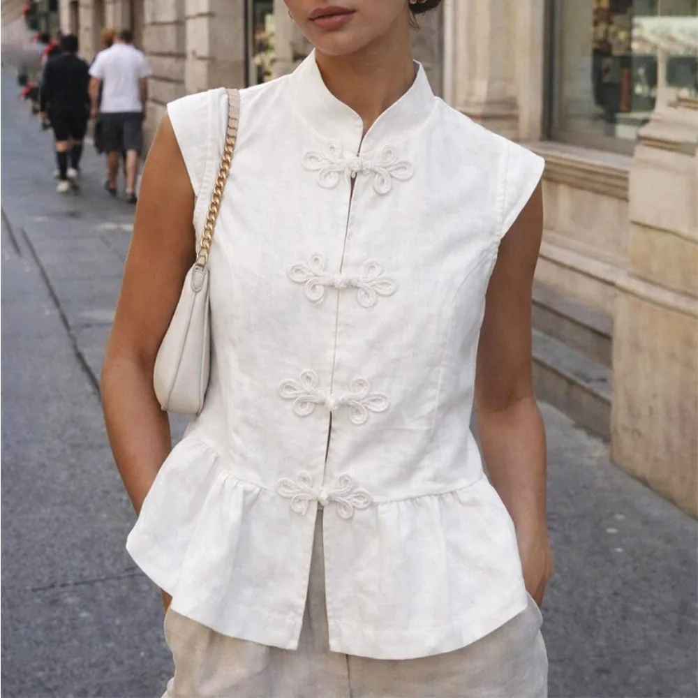 Mandarin Collar Peplum Vest Women 2026 Summer Cotton Linen Oriental Frog Button Sleeveless Blouse Slim Fit Butterfly Top White